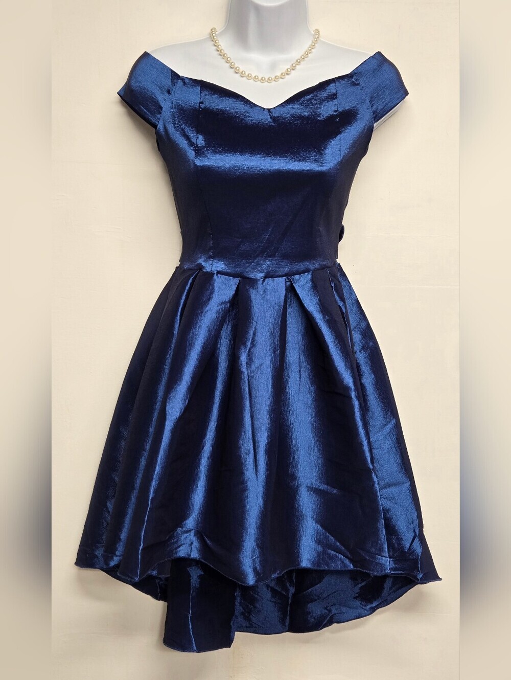 Kimcine S Dress Blue With Metallic Shine Shimmer Belted Pleats Off The Shoulder